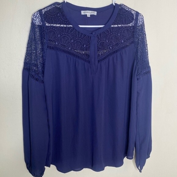 Heartloom Navy Blue Long Sleeve Blouse Cutout Pattern Size Medium - Picture 2 of 11